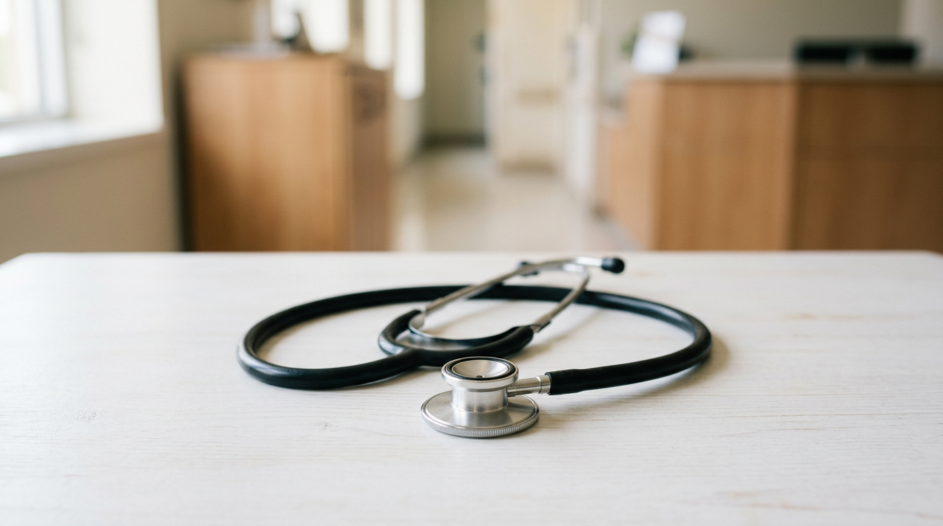 A stethoscope rests on a wooden table, with a blurred clinical setting in the background.