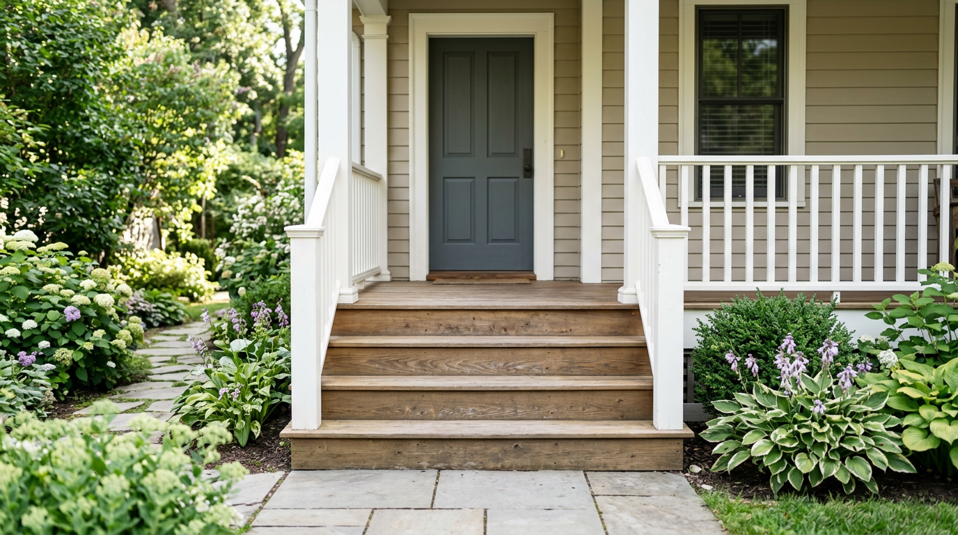 A wooden staircase leads to a gray front door, surrounded by lush greenery and flowering plants.