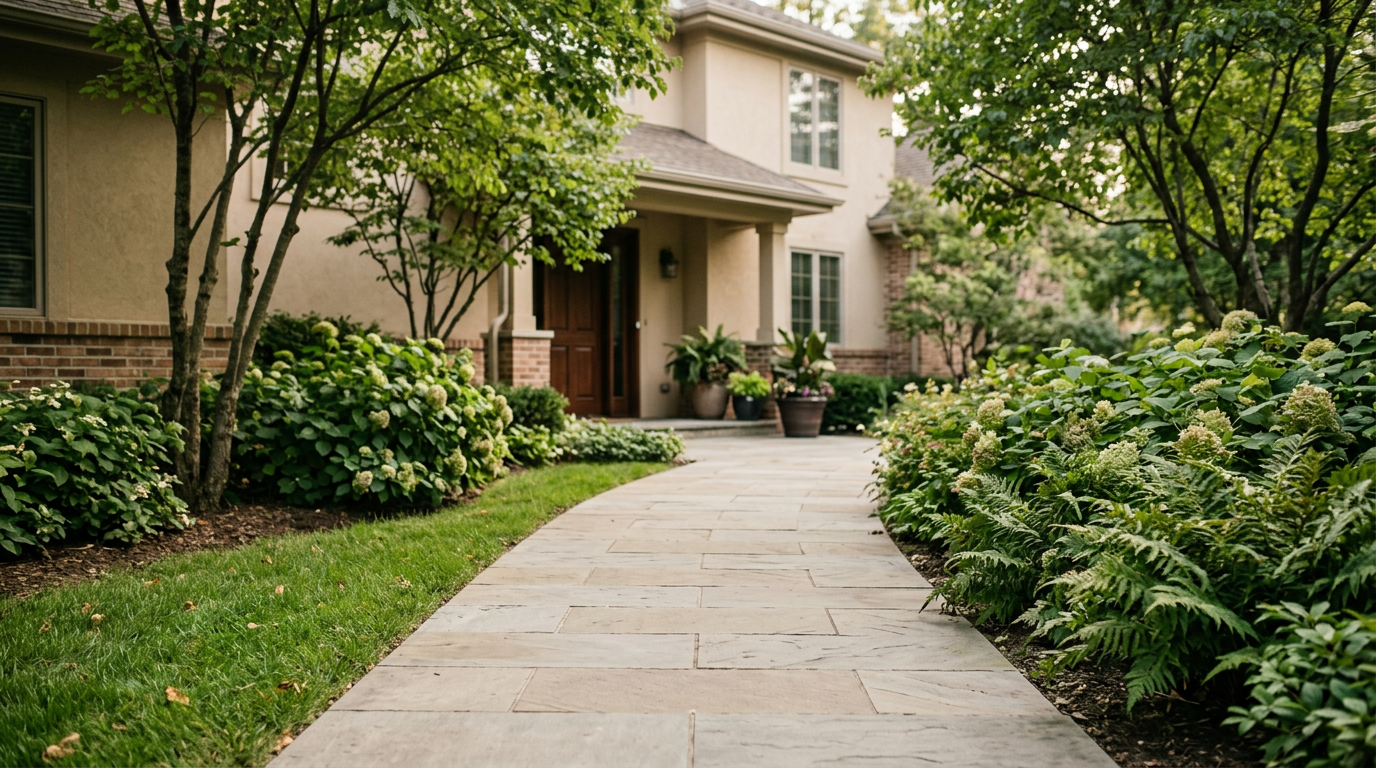 Reflecting the article about slip and fall accidents. A stone pathway leads to a welcoming home surrounded by lush greenery and potted plants.